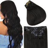 Fshine Clip in Extensions 100% Remy Human Hair 7 Pieces Off Black #1B