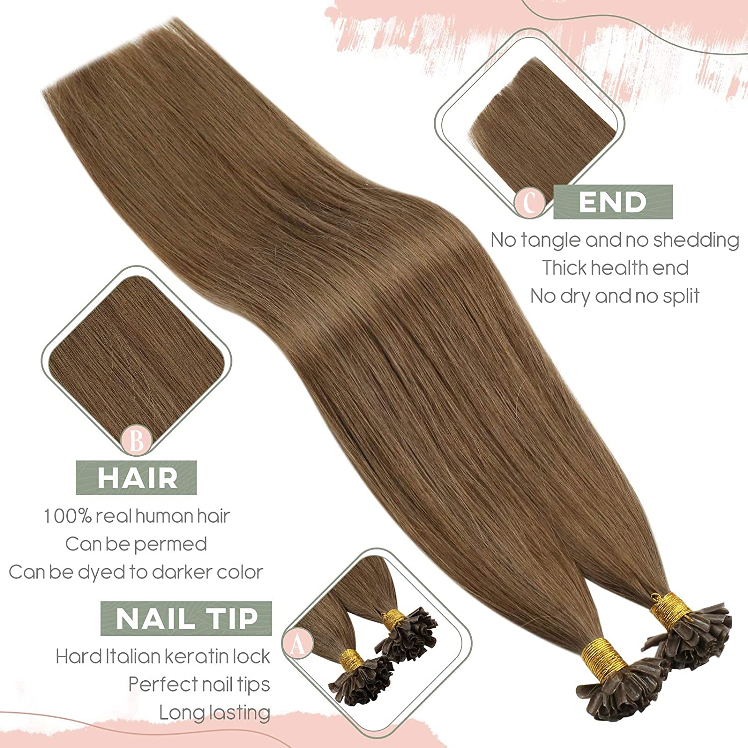 Fusion Nail U Tip Human Hair Extensions Brazilian Keratin Beads Medium Brown Hair (#8) - FShine Shop