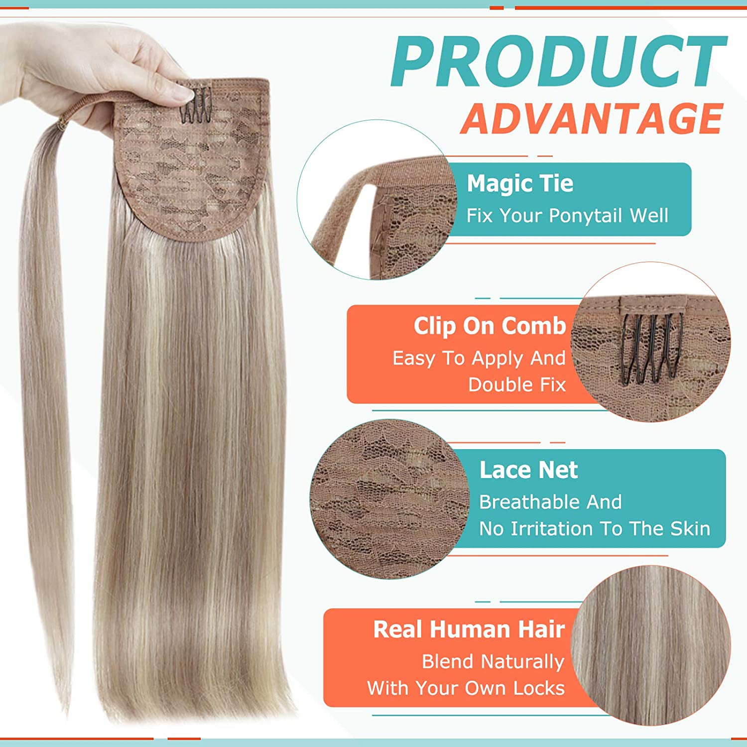 Ponytail 100% Remy Human Hair Extensions Highlighted Blonde(#18P613) - FShine Shop