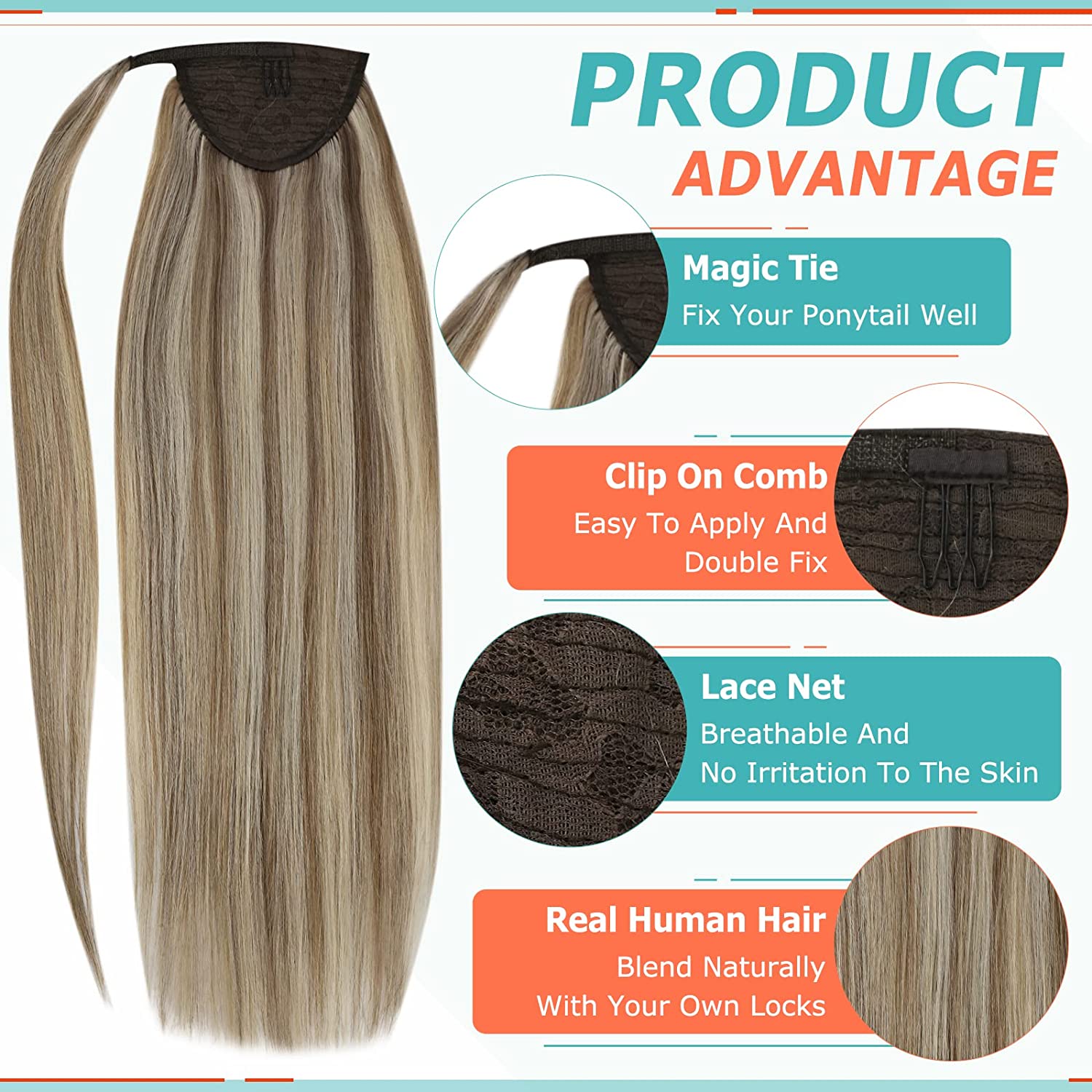 Ponytail 100% Remy Human Hair Extensions  Color 8 Ash Brown Highlight 60 Platinum Blonde(#8P60) - FShine Shop