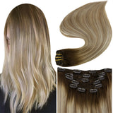 Fshine Clip in Extensions 100% Remy Human Hair 7pcs Balayage #3/8/22