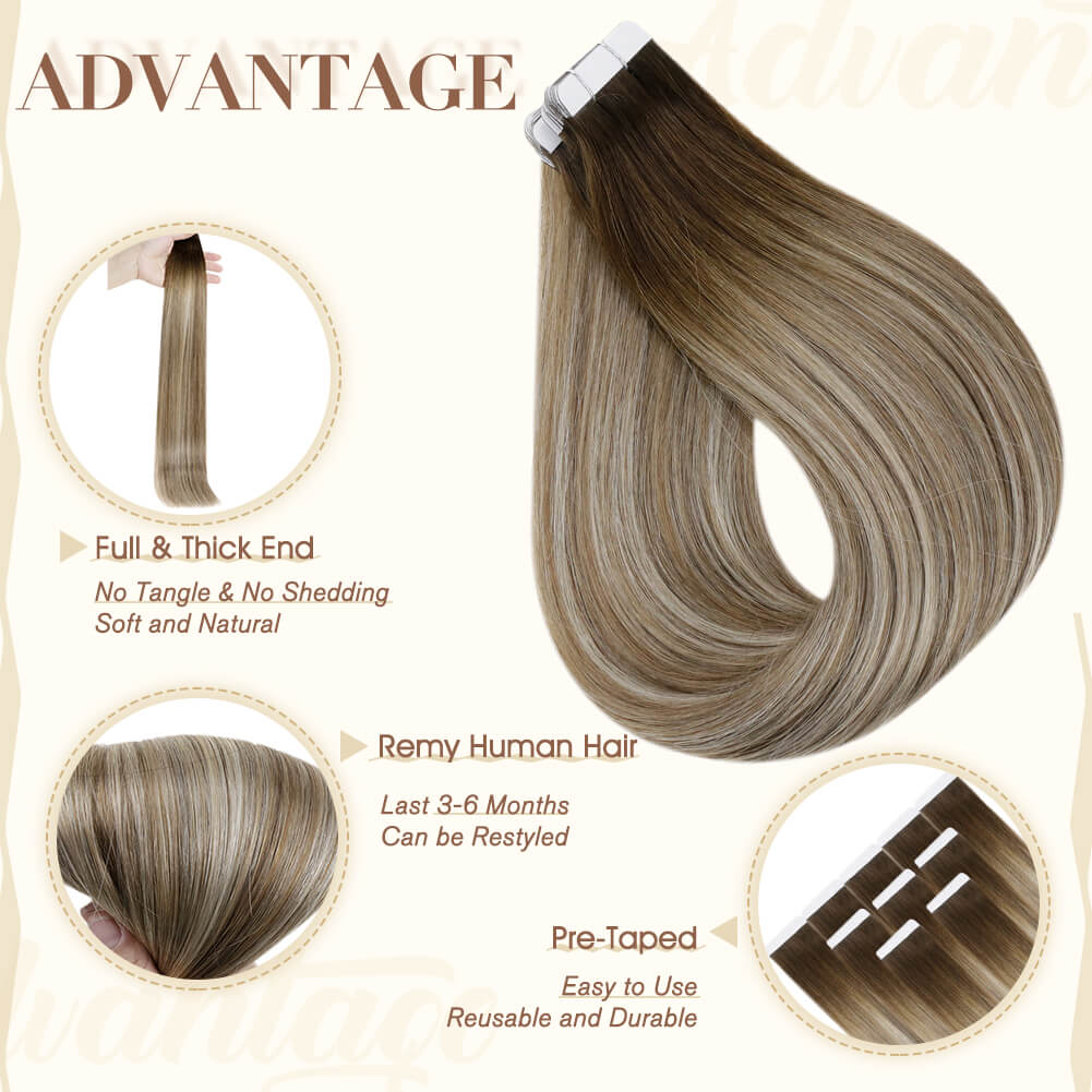 Fshine Tape in Hair Extensions 100% Remy Human Hair Balayage #3/8/22 - FShine Shop