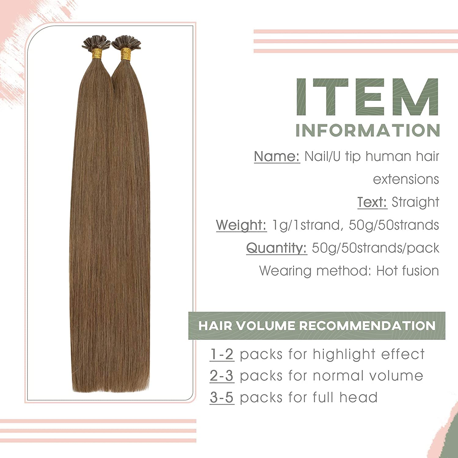 Fusion Nail U Tip Human Hair Extensions Brazilian Keratin Beads Medium Brown Hair (#8) - FShine Shop