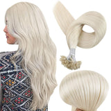 Fusion Nail U Tip Human Hair Extensions Brazilian Keratin Beads White Blonde Color Hair (#1000)