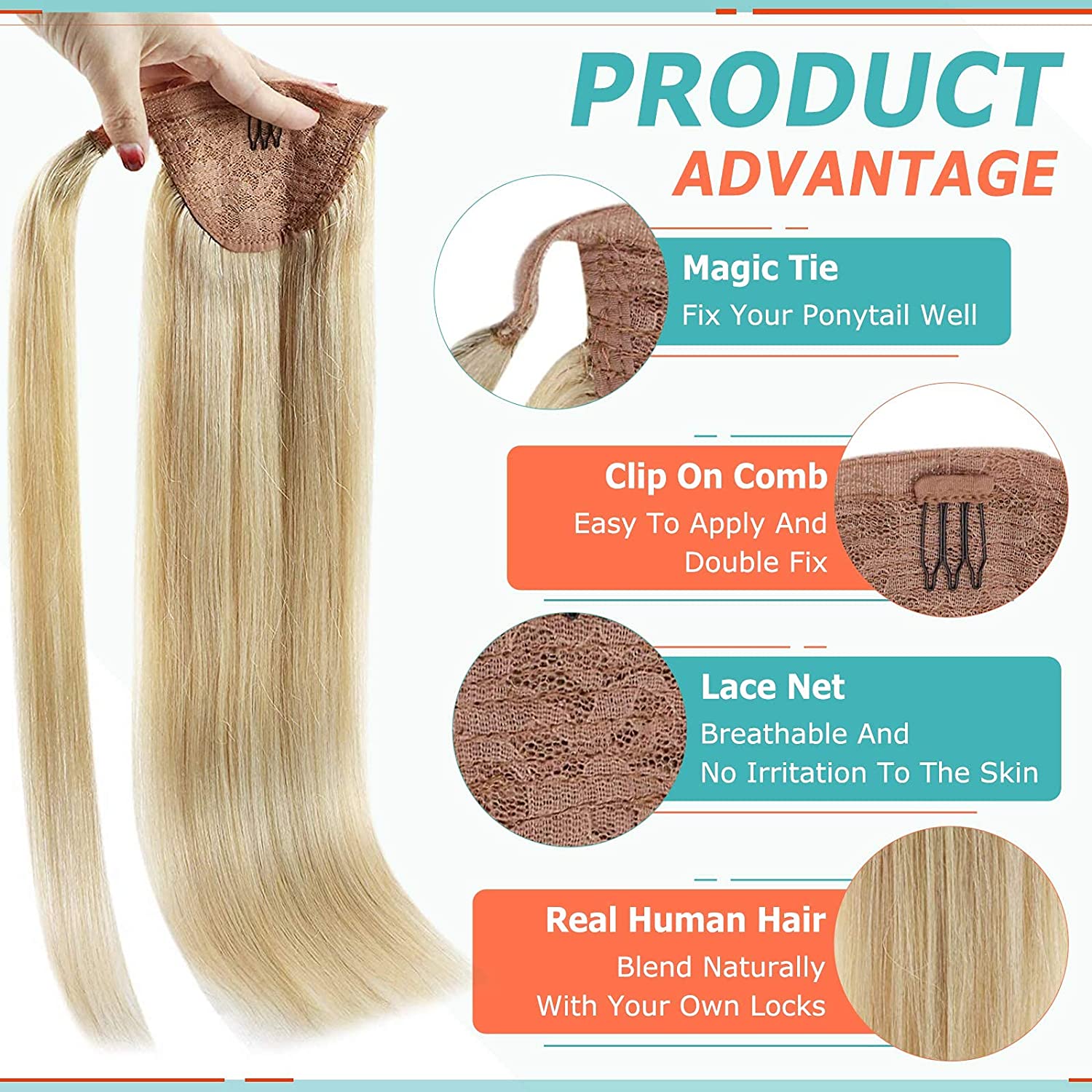 Ponytail 100% Remy Human Hair Extensions Highlighted Bleach Blonde(#27/613) - FShine Shop