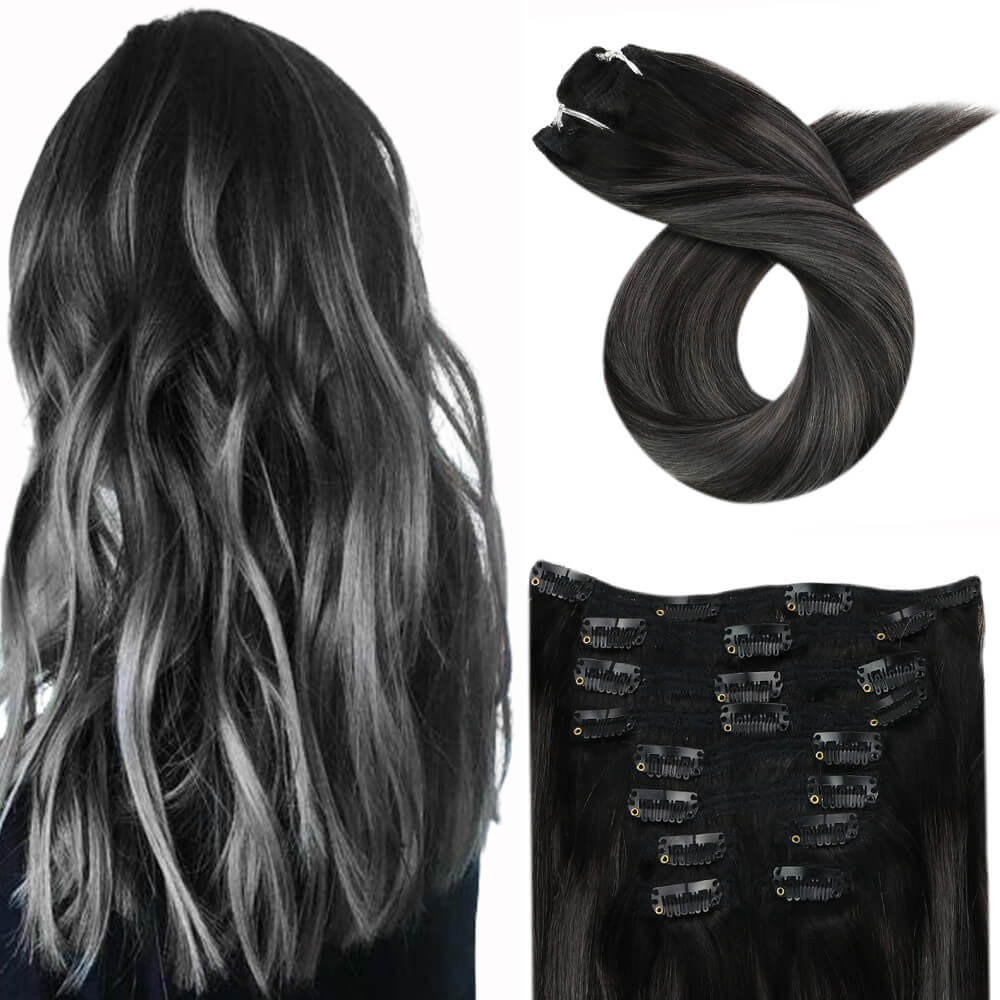 Fshine Clip in Extensions 100% Human Hair Balayage Highlights #1B/silver/1B - FShine Shop