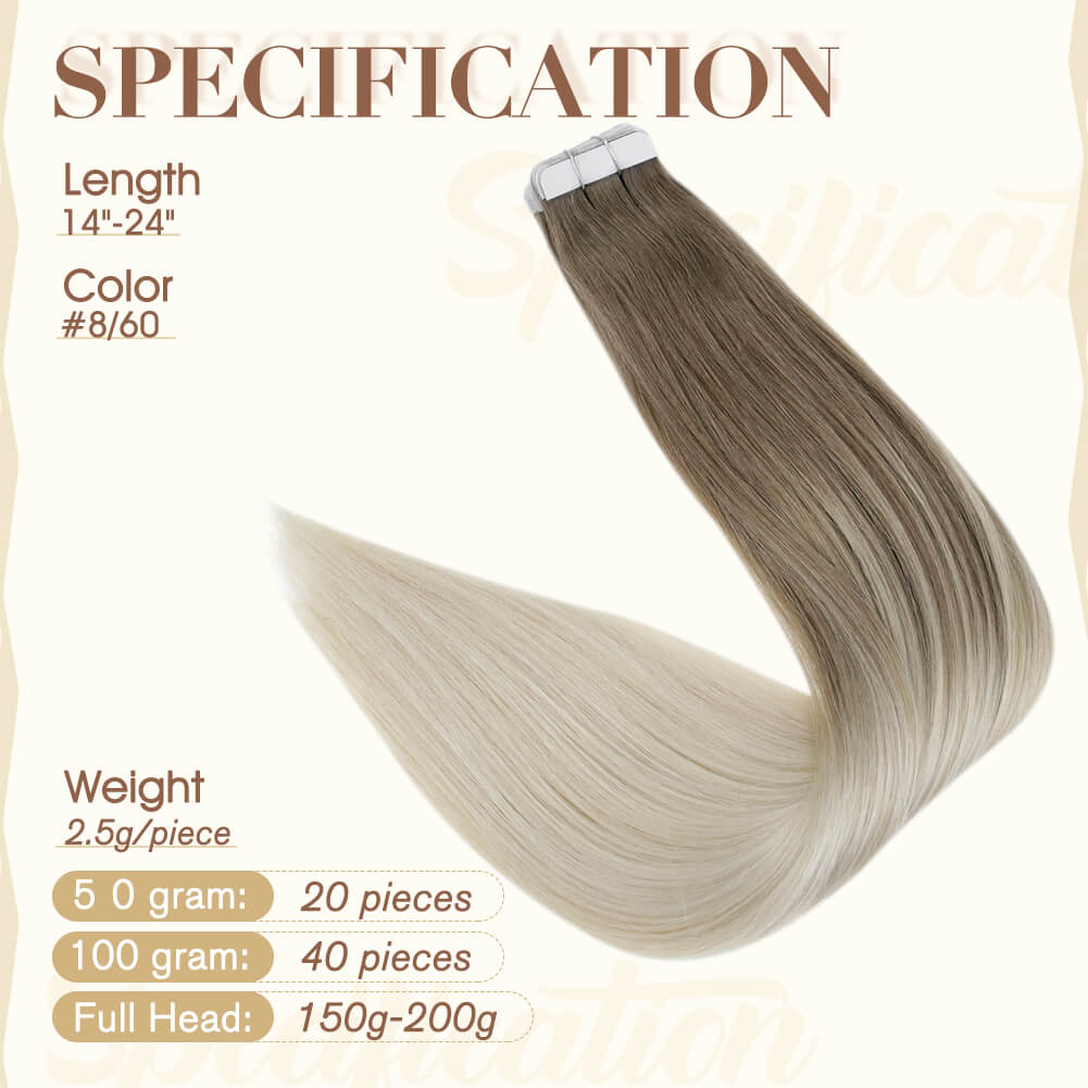 Fshine Tape in Hair Extensions 100% Remy Human Hair Balayage Ombre #8/60 - FShine Shop