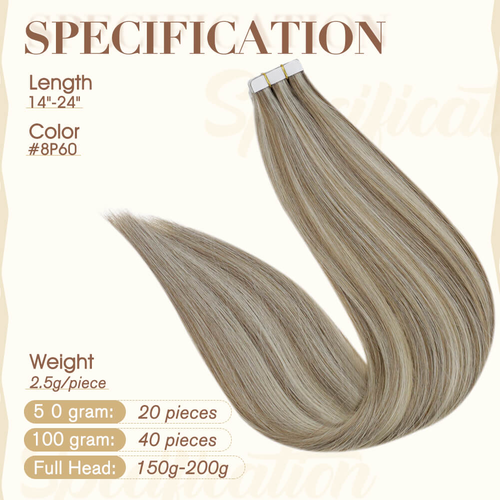 Fshine Tape in Hair Extensions 100% Remy Human Hair Highlights #P8/60 - FShine Shop