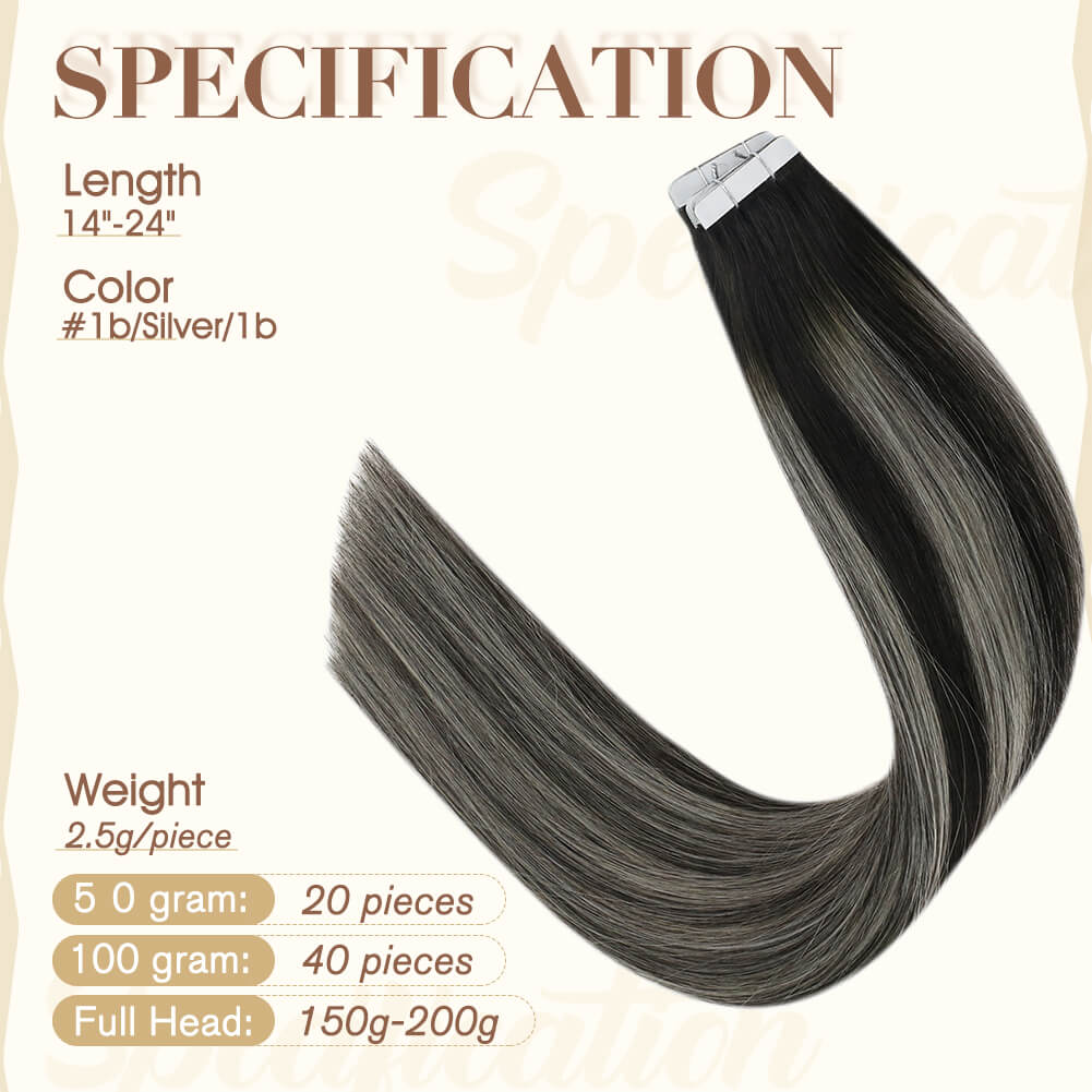 Fshine Tape in Hair Extensions 100% Human Hair Balayage Highlights #1b/silver/1b - FShine Shop