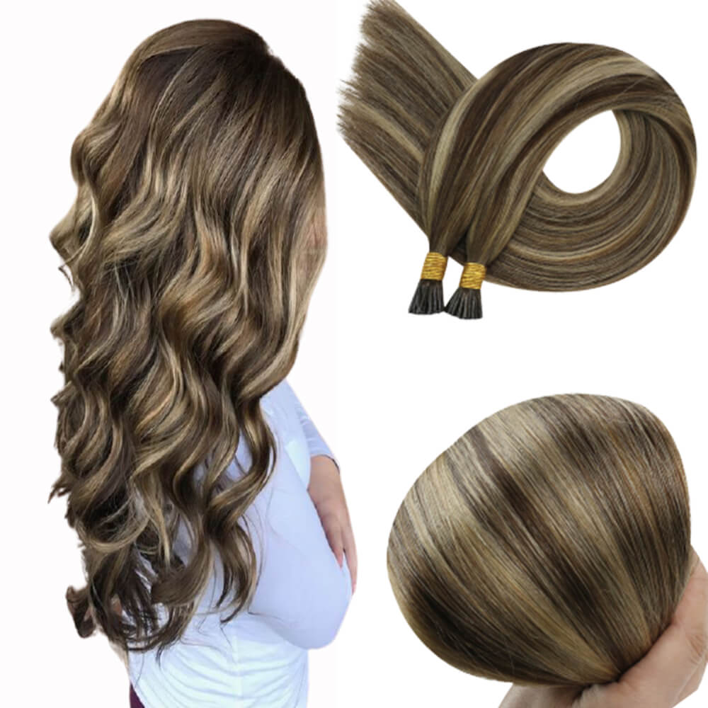 I Tip Hair Extensions Remy Pastel Balayage Brown Hair Extensions (#4/27/4) - FShine Shop