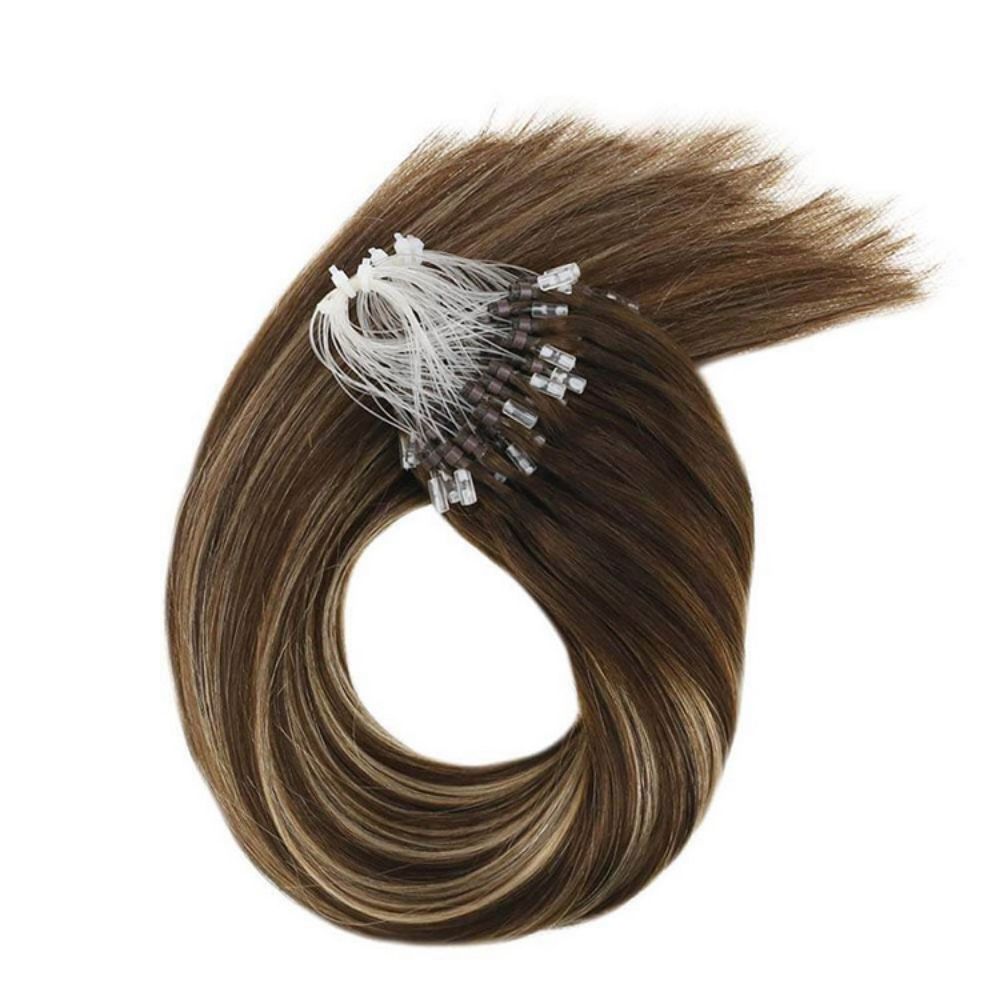 Micro Ring Hair Extensions Balayage Medium Brown and Honey Blonde #4/27/4 - FShine Shop