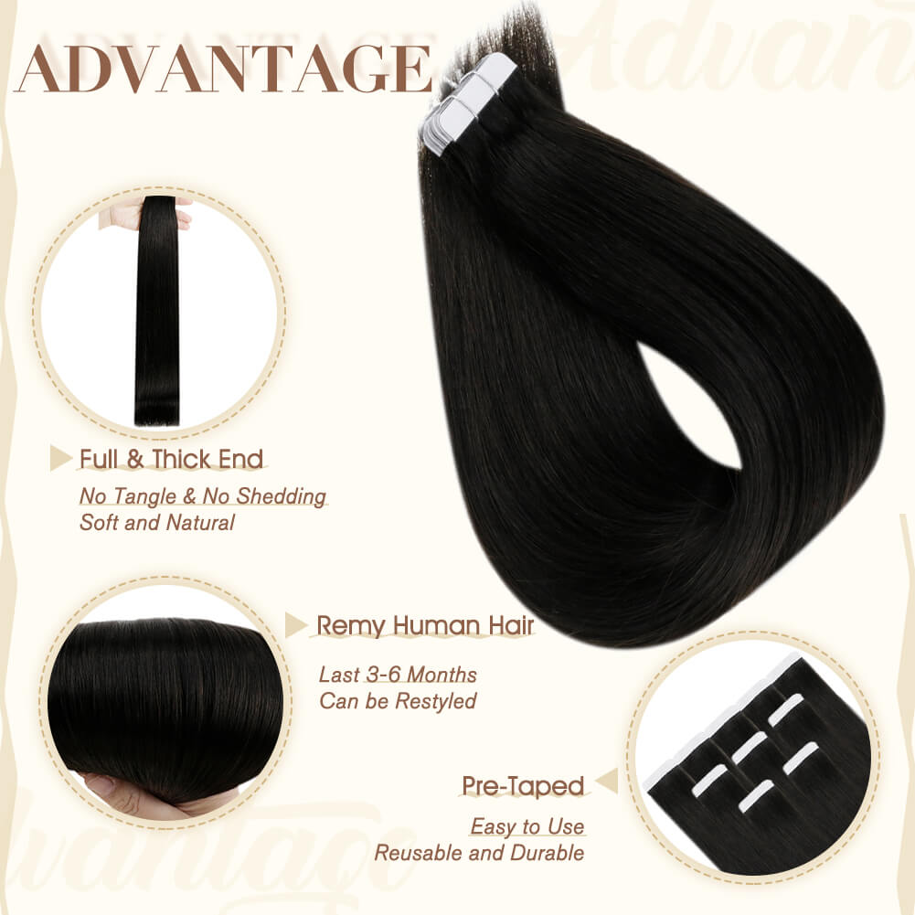 Fshine Tape in Hair Extensions 100% Remy Human Hair Off Black #1B - FShine Shop