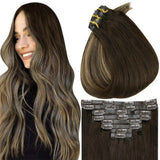 Fshine Pu Seamless Clip in Extensions 100% Human Hair Balayage Highlights #2/8/2