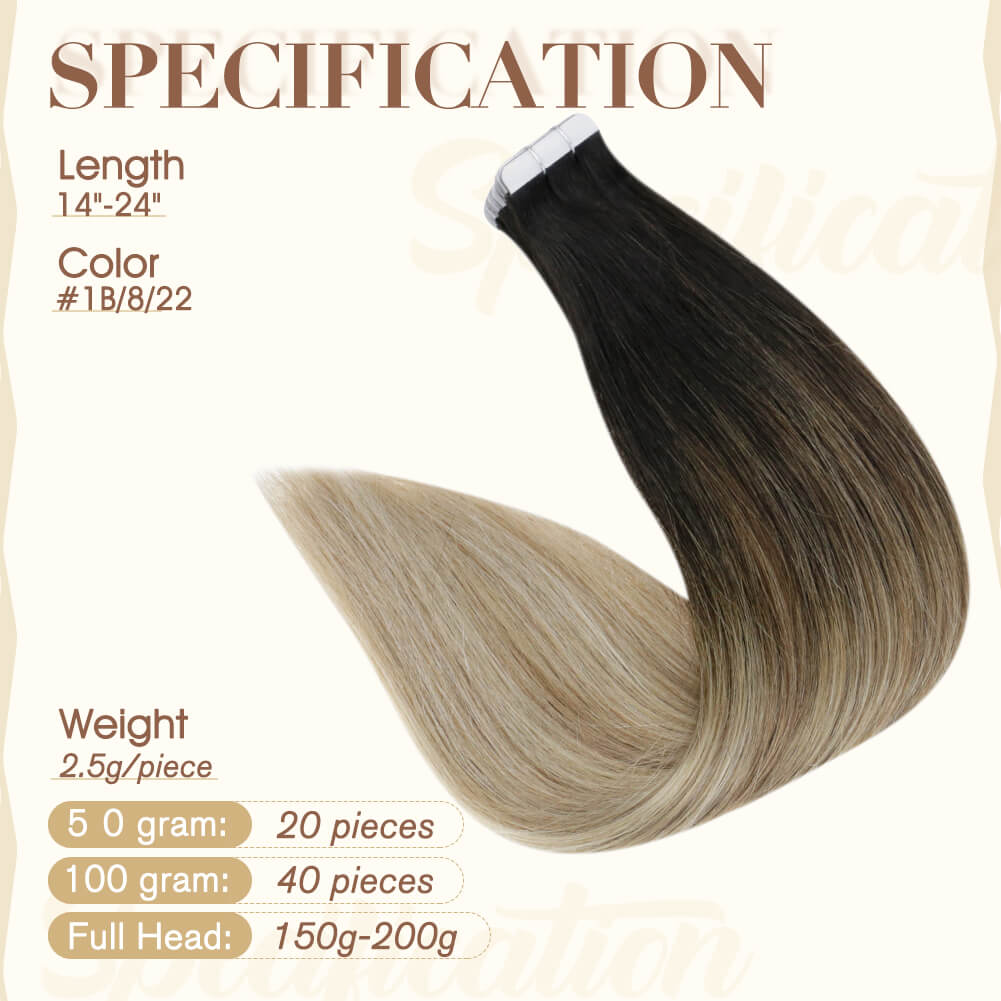 Fshine Tape in Hair Extensions 100% Remy Human Hair Balayage #1b/8/22 - FShine Shop