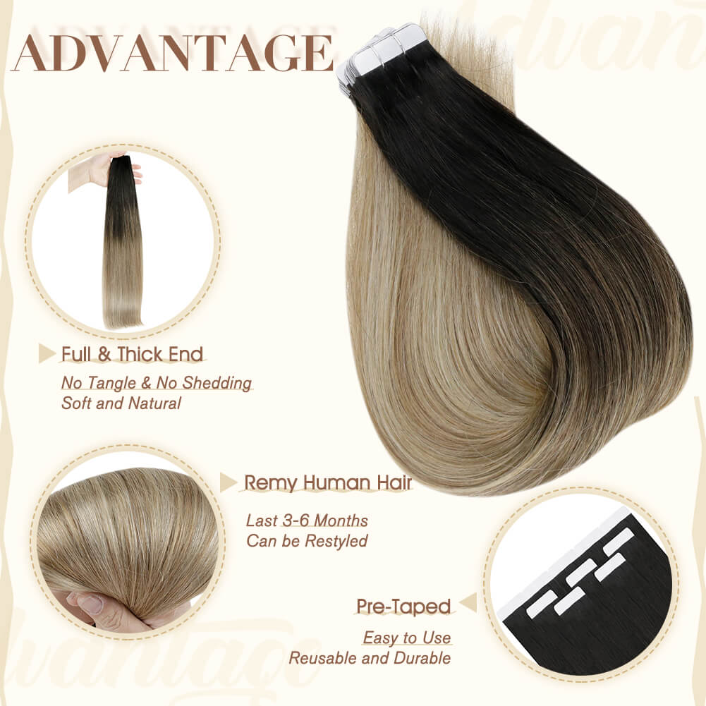 Fshine Tape in Hair Extensions 100% Remy Human Hair Balayage #1b/8/22 - FShine Shop