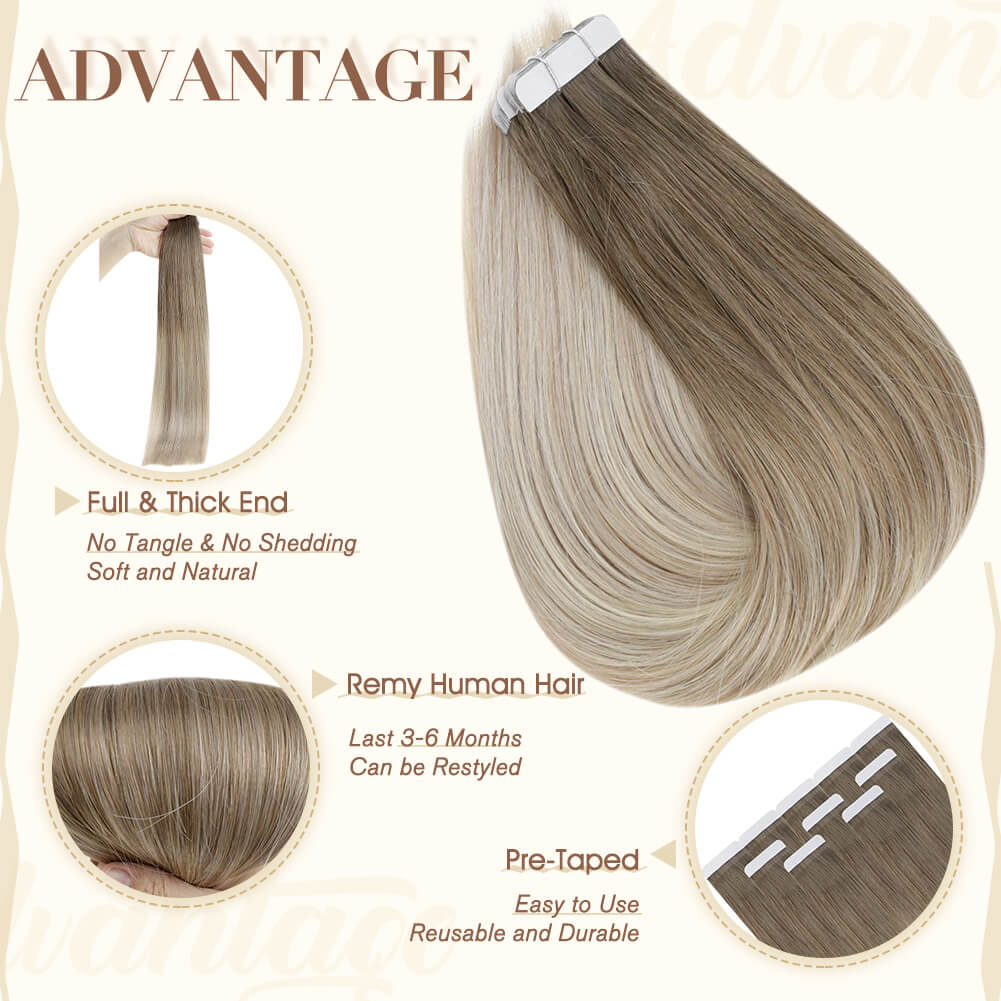 Fshine Tape in Hair Extensions 100% Remy Human Hair Balayage #8/60/18 - FShine Shop