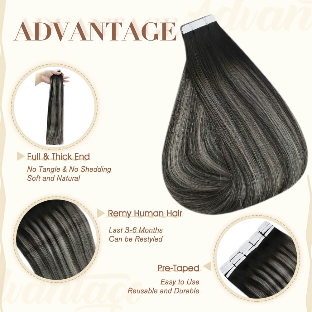 Fshine Tape in Hair Extensions 100% Human Hair Balayage Highlights #1b/silver/1b - FShine Shop