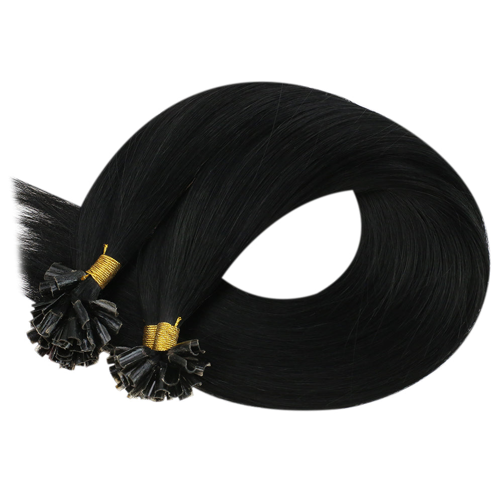 Fshine Virgin U Tip Human Hair Extensions Brazilian Keratin Fusion Nail Hair Jet Black (#1) - FShine Shop