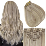 Fshine Clip in Extensions 100% Remy Human Hair 7pcs Blonde Highlights #18/613