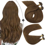 Fusion Nail U Tip Human Hair Extensions Brazilian Keratin Beads Medium Brown Hair (#8)