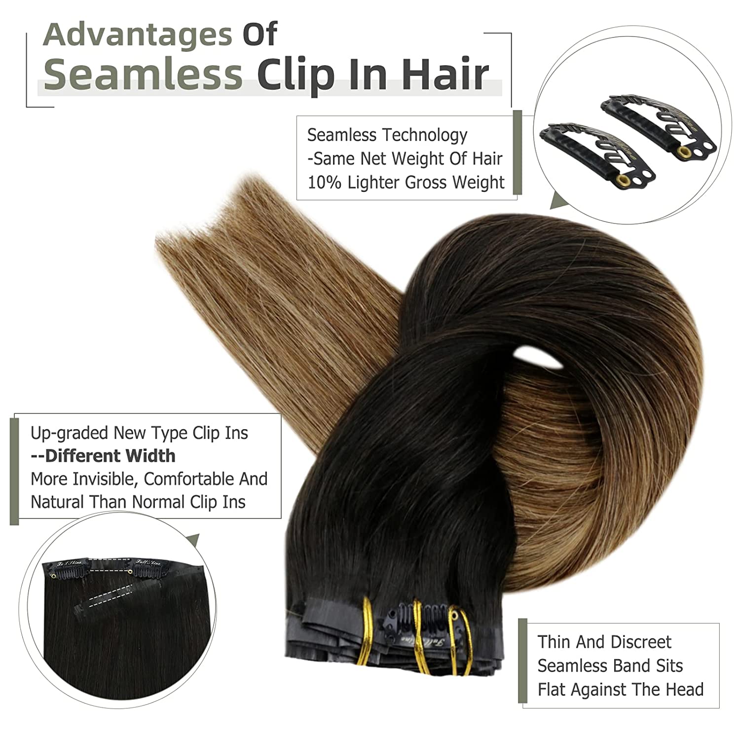 FShine PU Clip In Hair Extensions Clip in Hair Extensions #1b/6/27 - FShine Shop