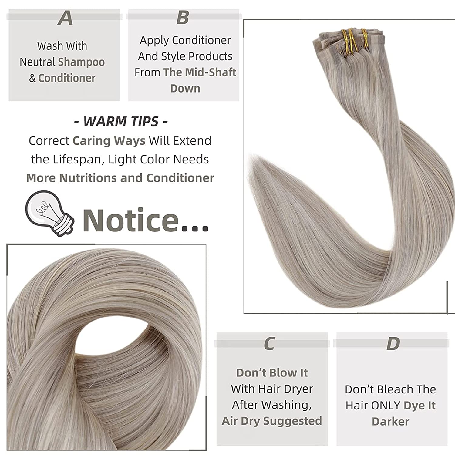 FShine PU Clip In Hair Extensions Clip in Hair Extensions #GreyP60 - FShine Shop