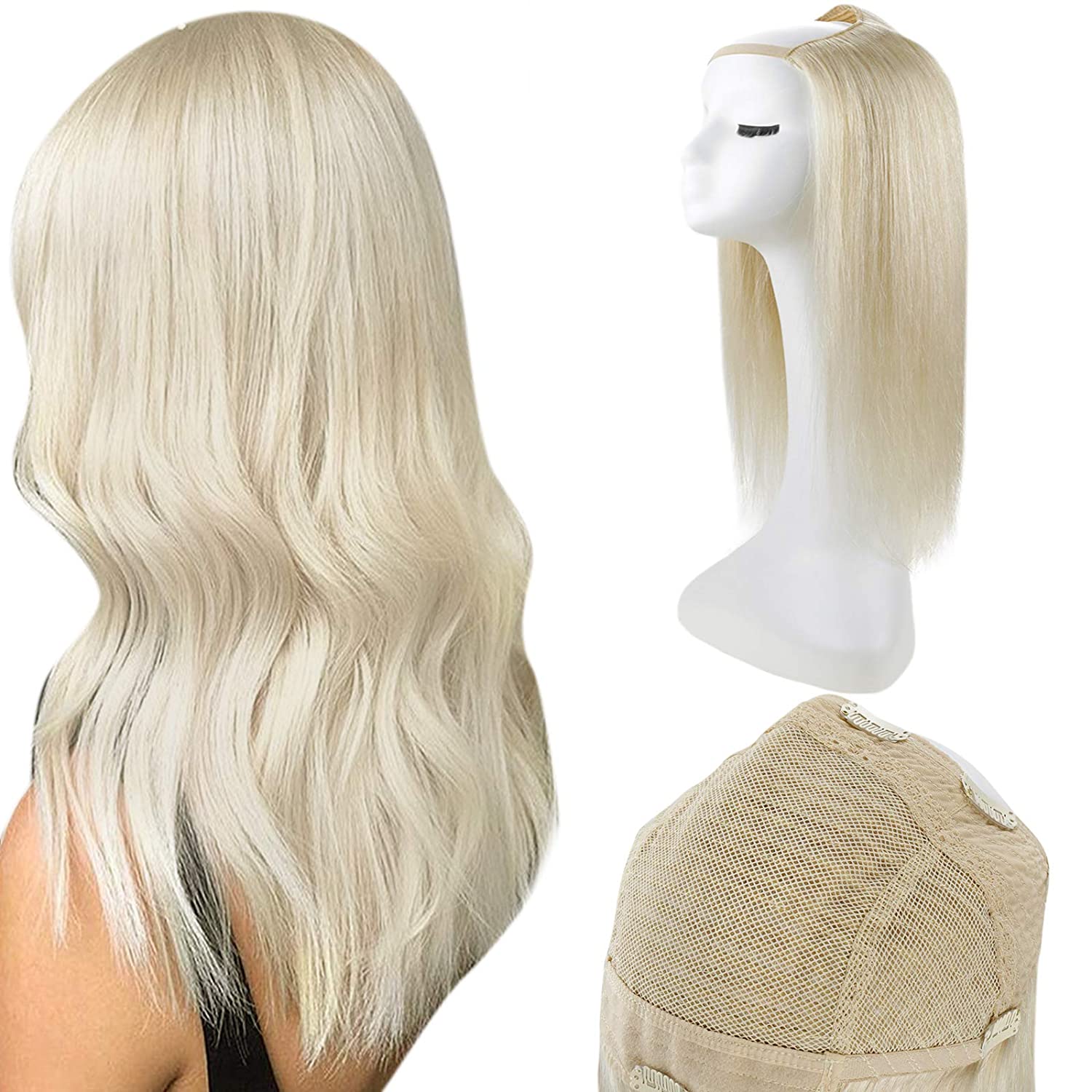 U Part Wig Real Hair Clip In Full Head One Piece Straight Extensions Remy One Piece Hair Extensions Color #60 Light Blonde - FShine Shop