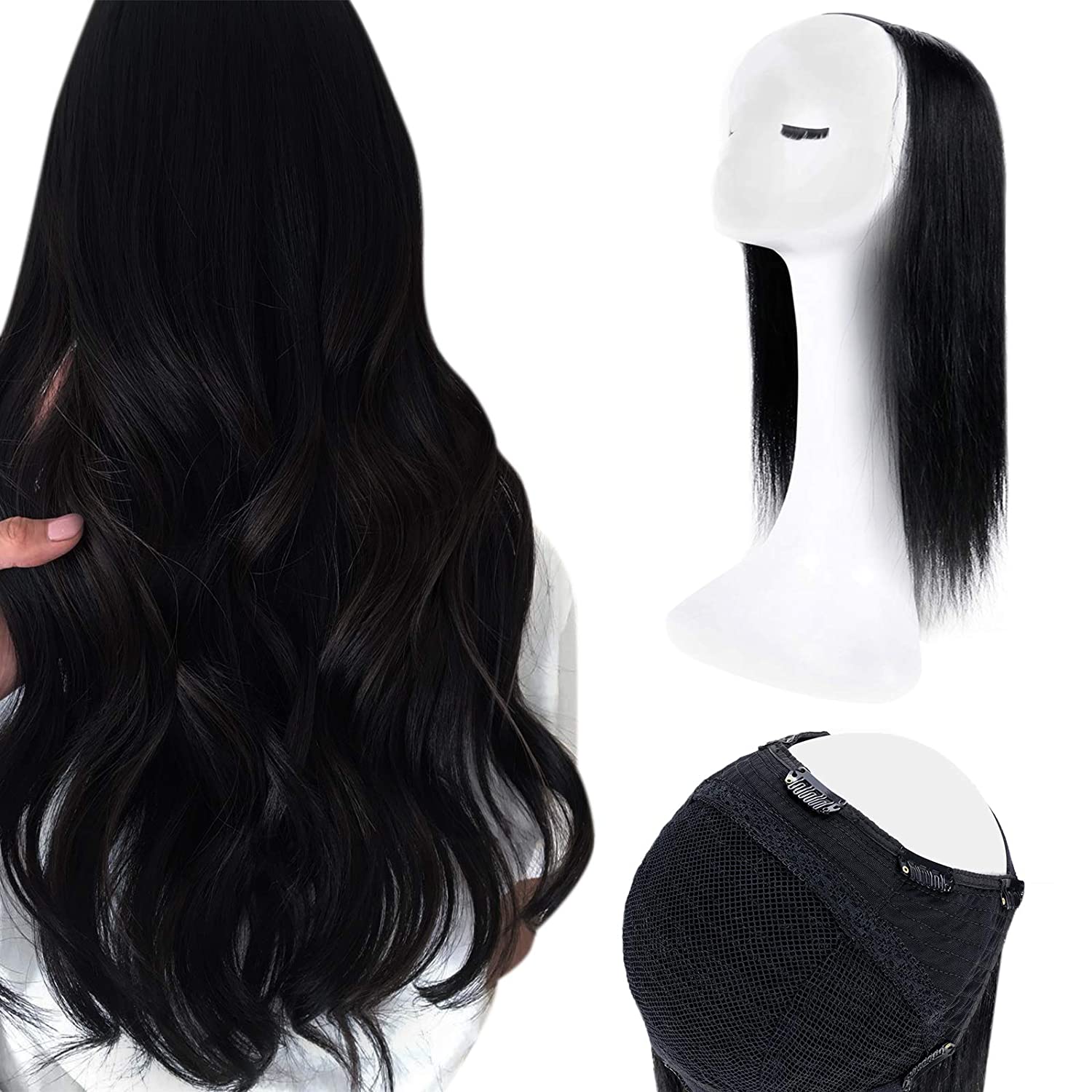 U Part Wig Real Hair Clip In Full Head One Piece Straight Extensions Remy One Piece Hair Extensions Color #1 Jet Black - FShine Shop