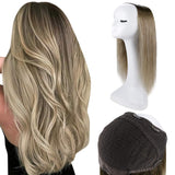 U Part Wig Real Hair Clip In Full Head One Piece Straight Extensions Color #3 Fading To Color #8 Ash Brown And Color #22 Blonde