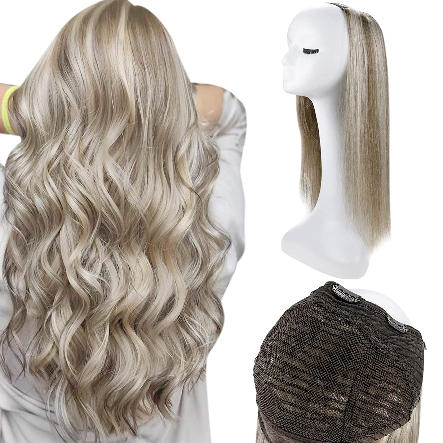 U Part Wig Real Hair Clip In Full Head One Piece Straight Extensions Remy One Piece Hair Extensions #8 Ash Brown Highlighted With Color #60 White Blonde - FShine Shop
