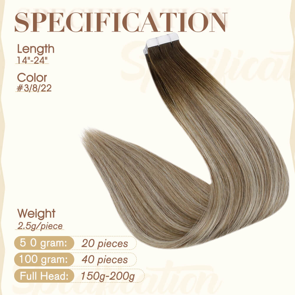 Fshine Tape in Hair Extensions 100% Remy Human Hair Balayage #3/8/22 - FShine Shop