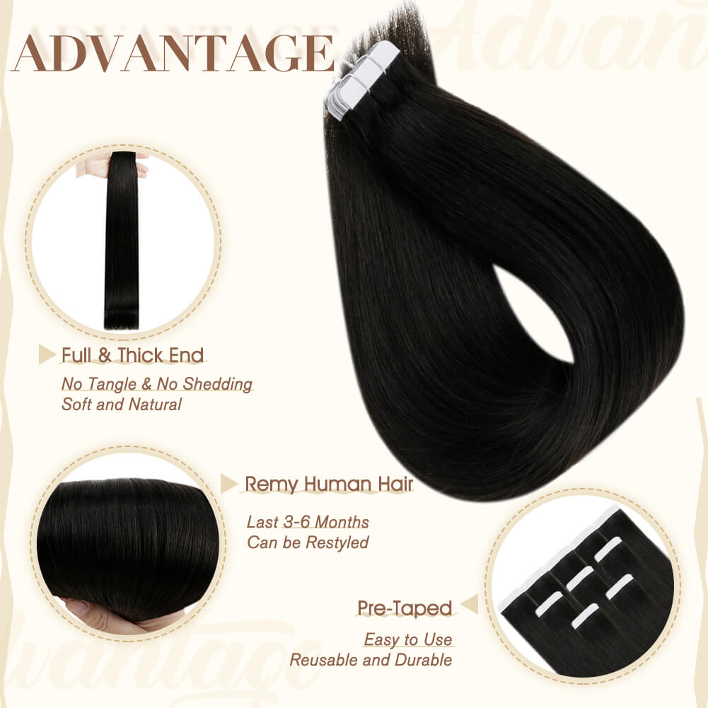 Fshine Tape in Hair Extensions 100% Remy Human Hair Jet Black #1 - FShine Shop