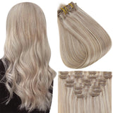 Fshine Pu Seamless Clip in Extensions Human Hair Blonde Highlights #18/613