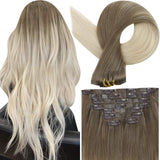 Fshine Pu Seamless Clip in Extensions Human Hair Balayage Ombre #8/60