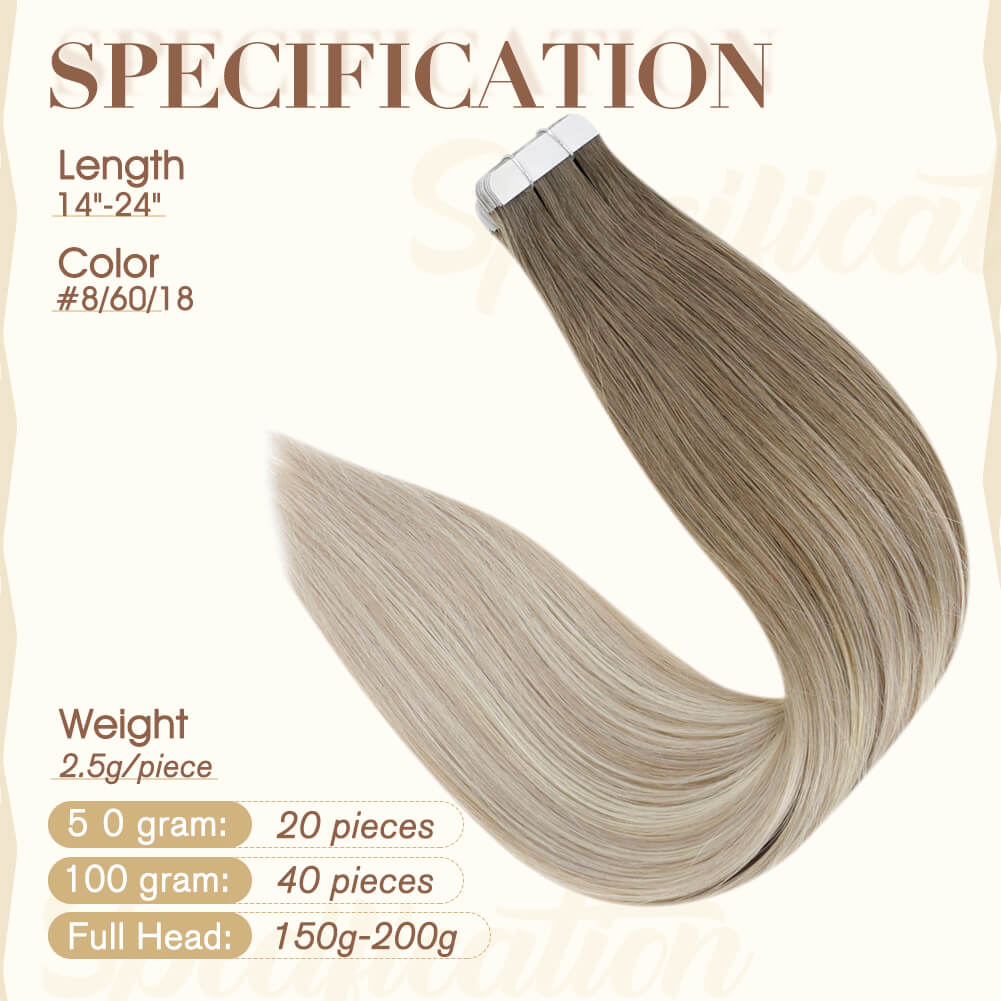 Fshine Tape in Hair Extensions 100% Remy Human Hair Balayage #8/60/18 - FShine Shop