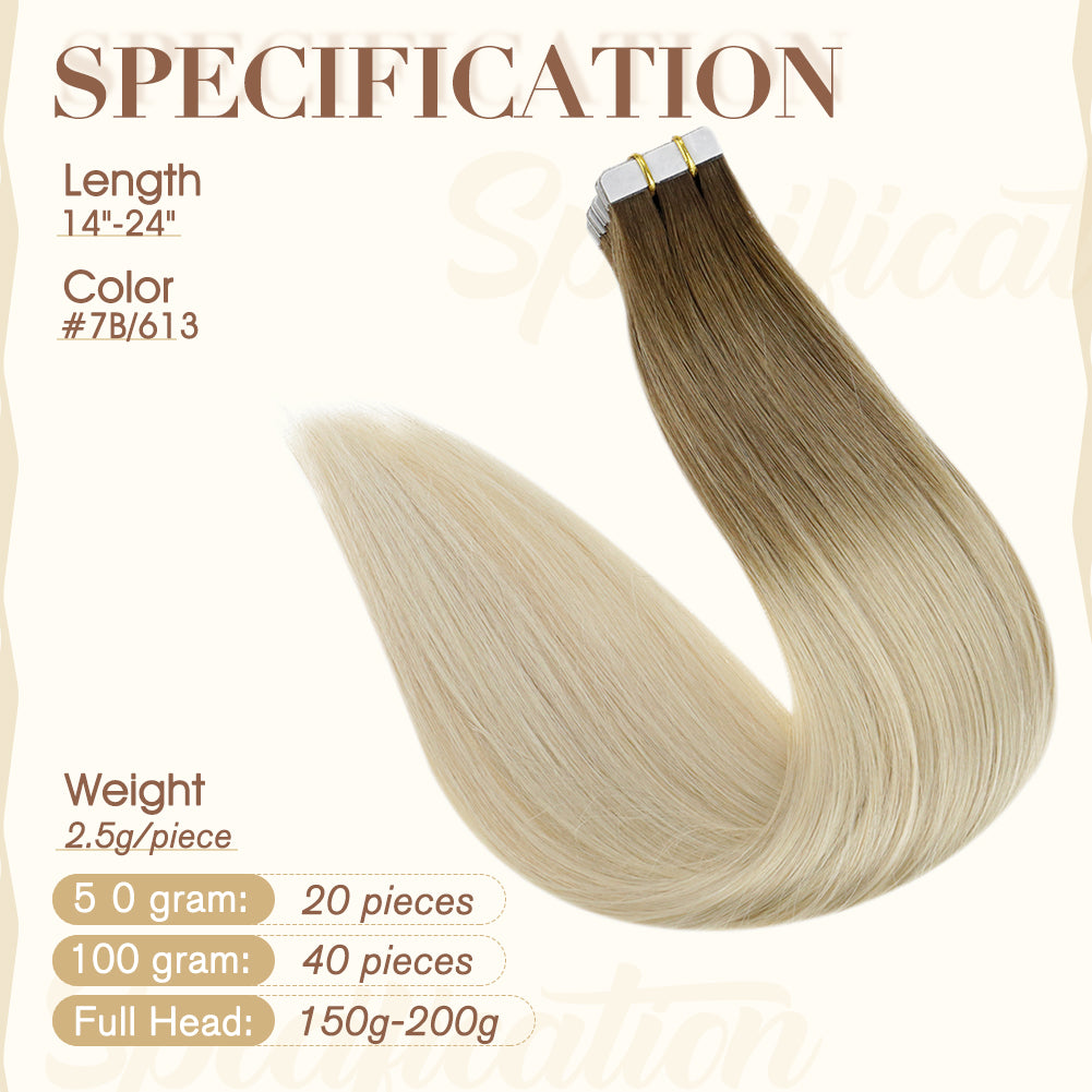 Fshine Tape in Hair Extensions 100% Remy Human Hair Balayage Ombre #7b/613 - FShine Shop